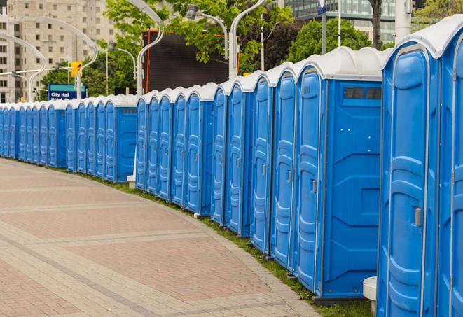 a line of portable restrooms at an outdoor wedding, catering to guests with style and comfort in Bowdon, GA